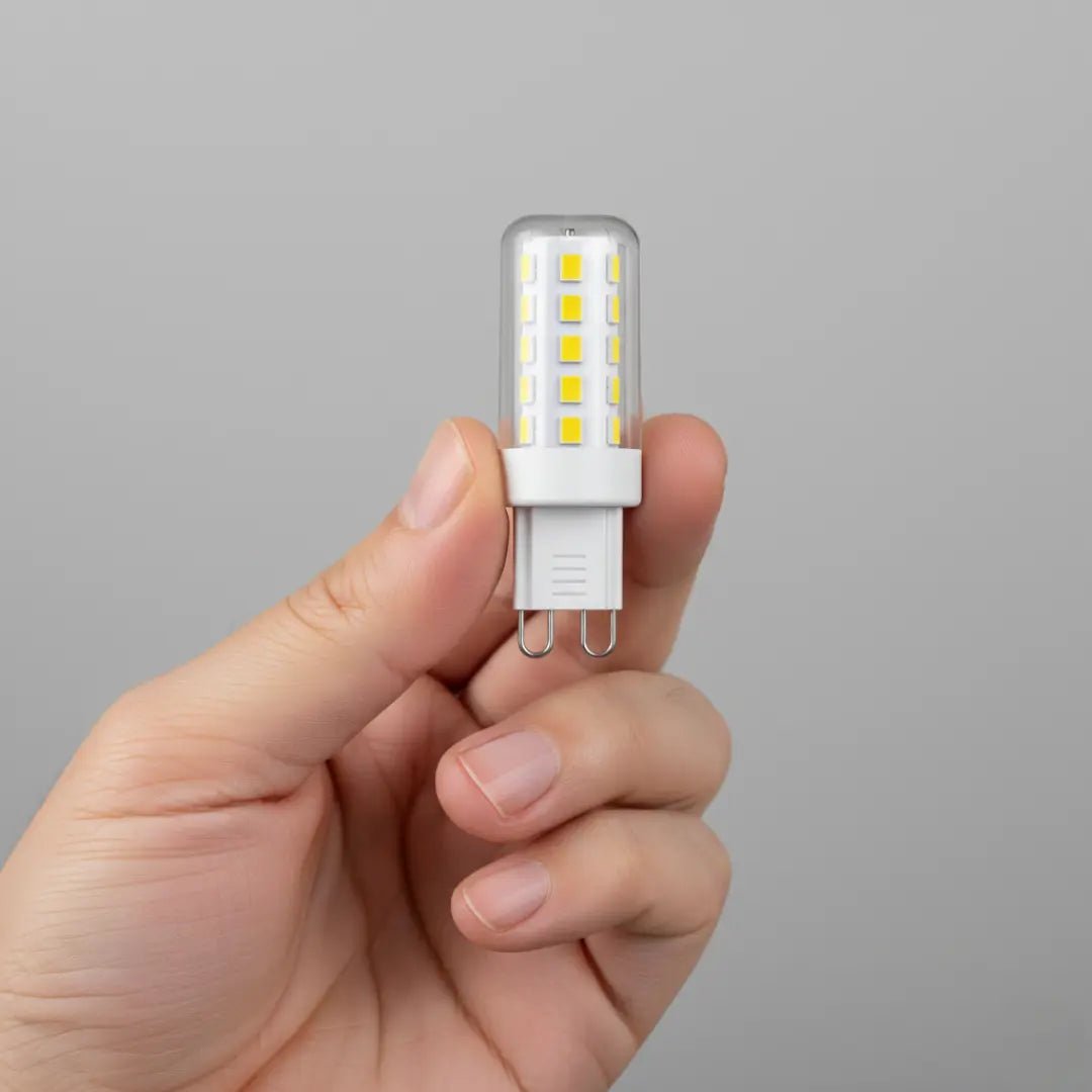 Hand holding a LED light bulb against a gray background