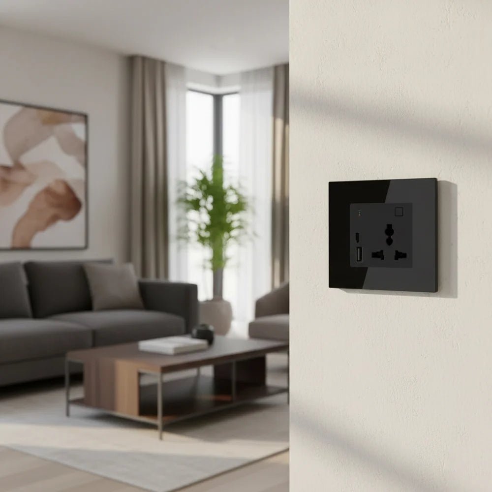 Modern living room with a black wall socket featuring USB ports.