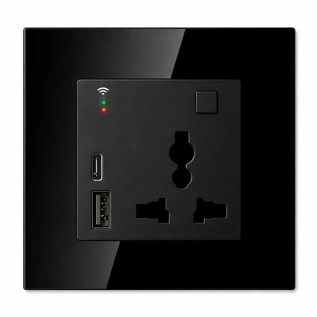 Black wall socket with USB ports and indicator lights on a white background