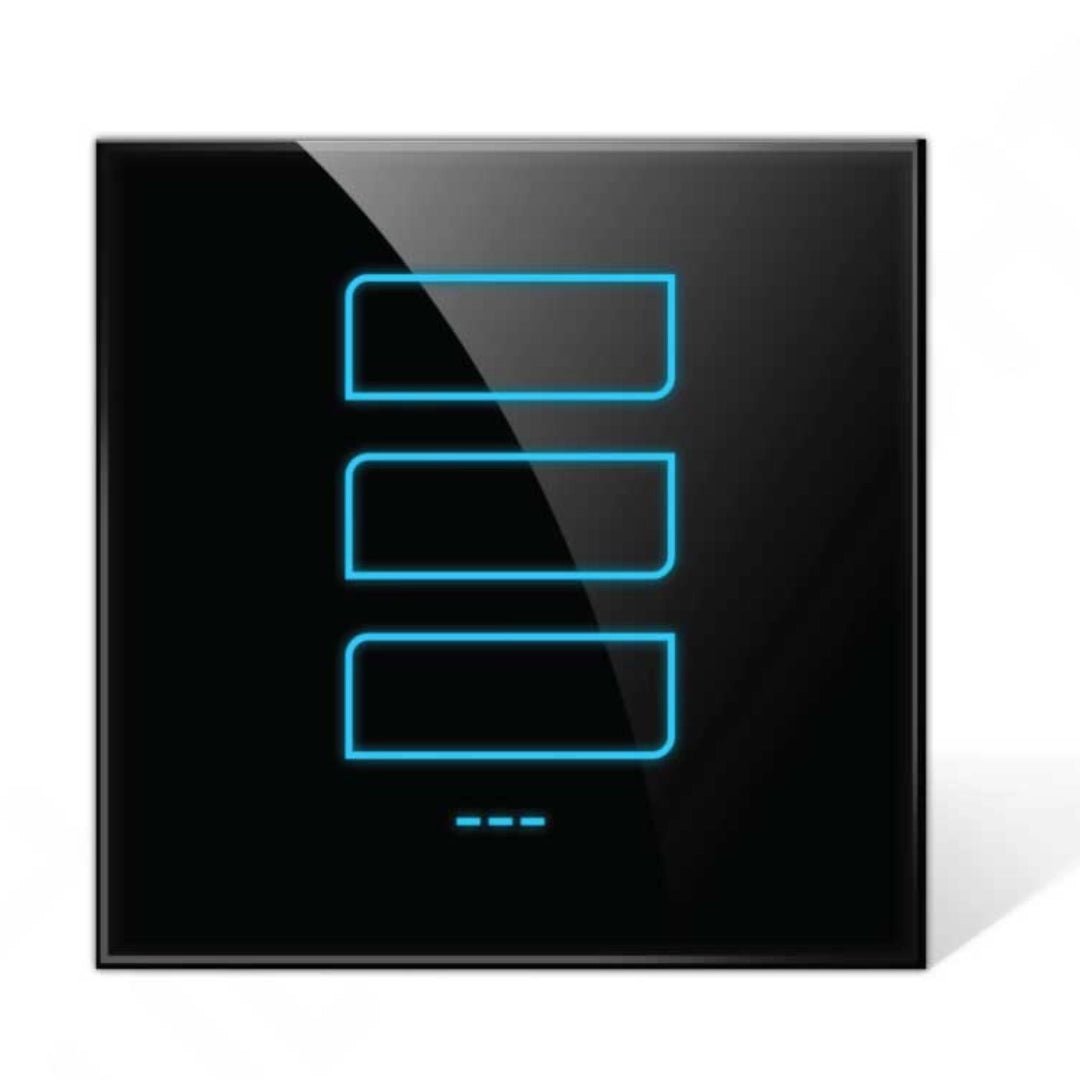 Black touch control panel with blue illuminated buttons on a white background