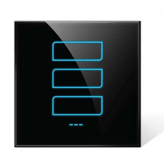 Black touch control panel with blue illuminated buttons on a white background