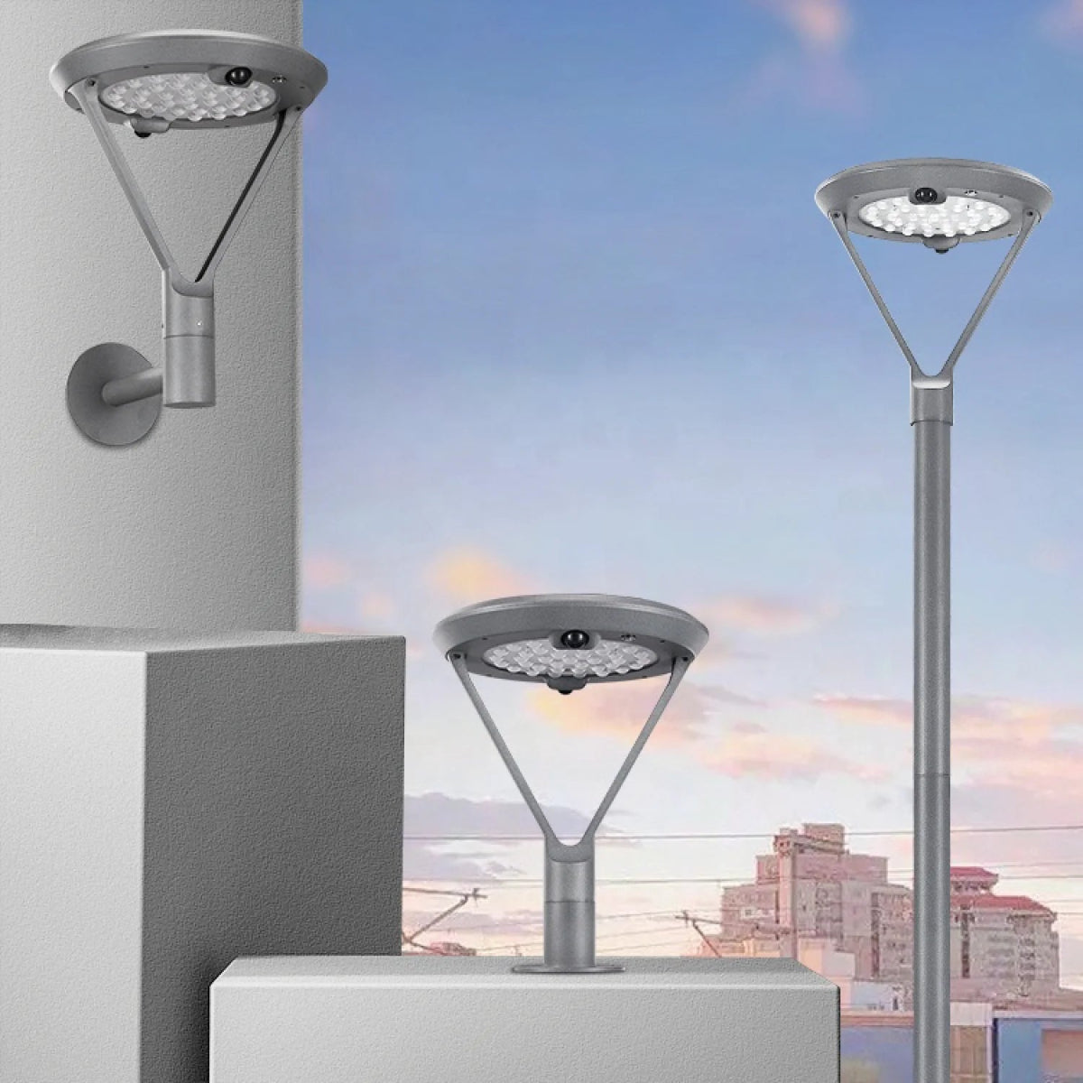 Various outdoor street lights against a cityscape background