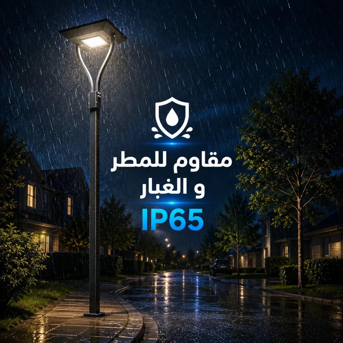 مصباح شارع في منطقة سكنية أثناء هطول المطر، مع نص يوضح مقاومته للماء والغبار.