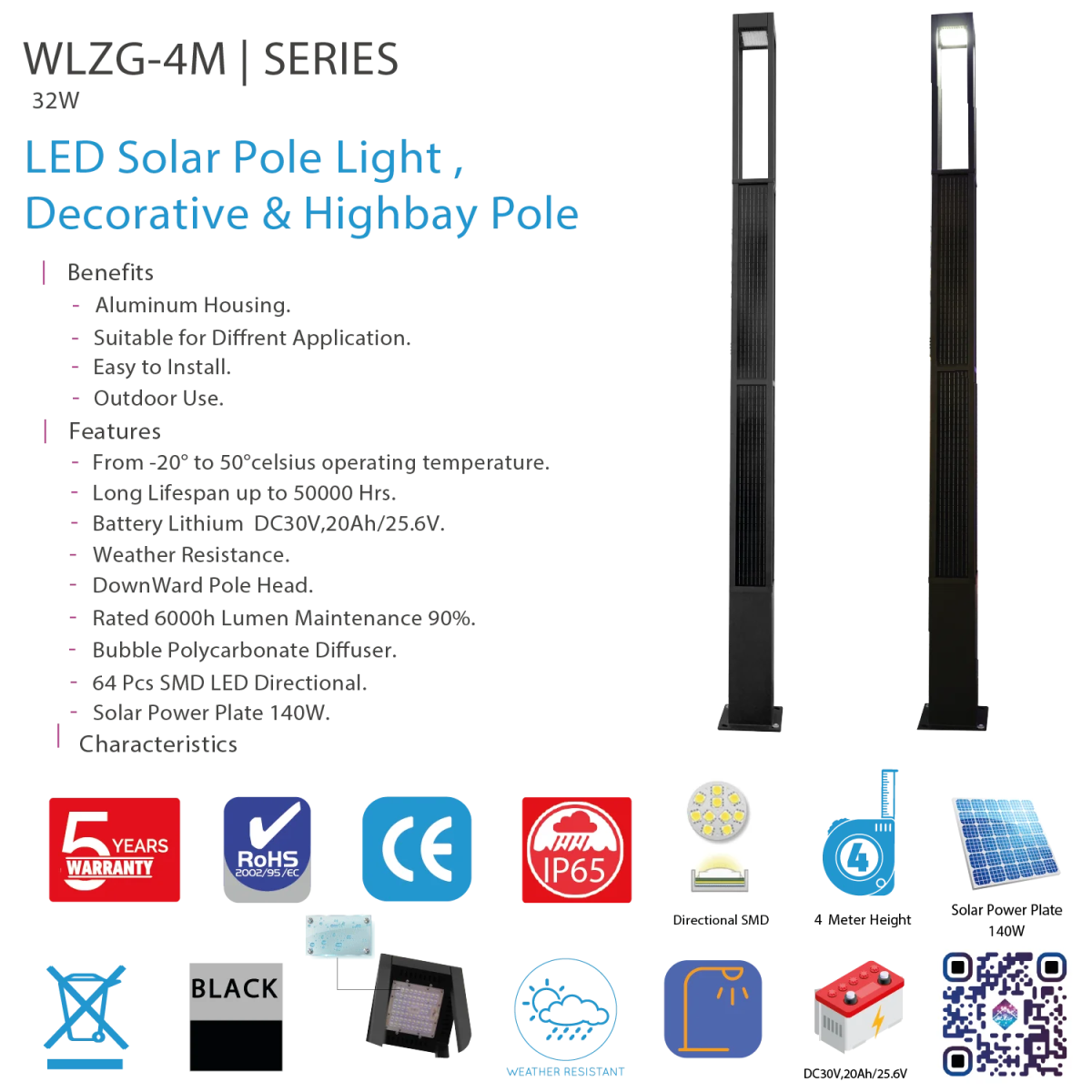 Ultralight Solar Pole Light 4 Meter 32W IP65 (WLZG)