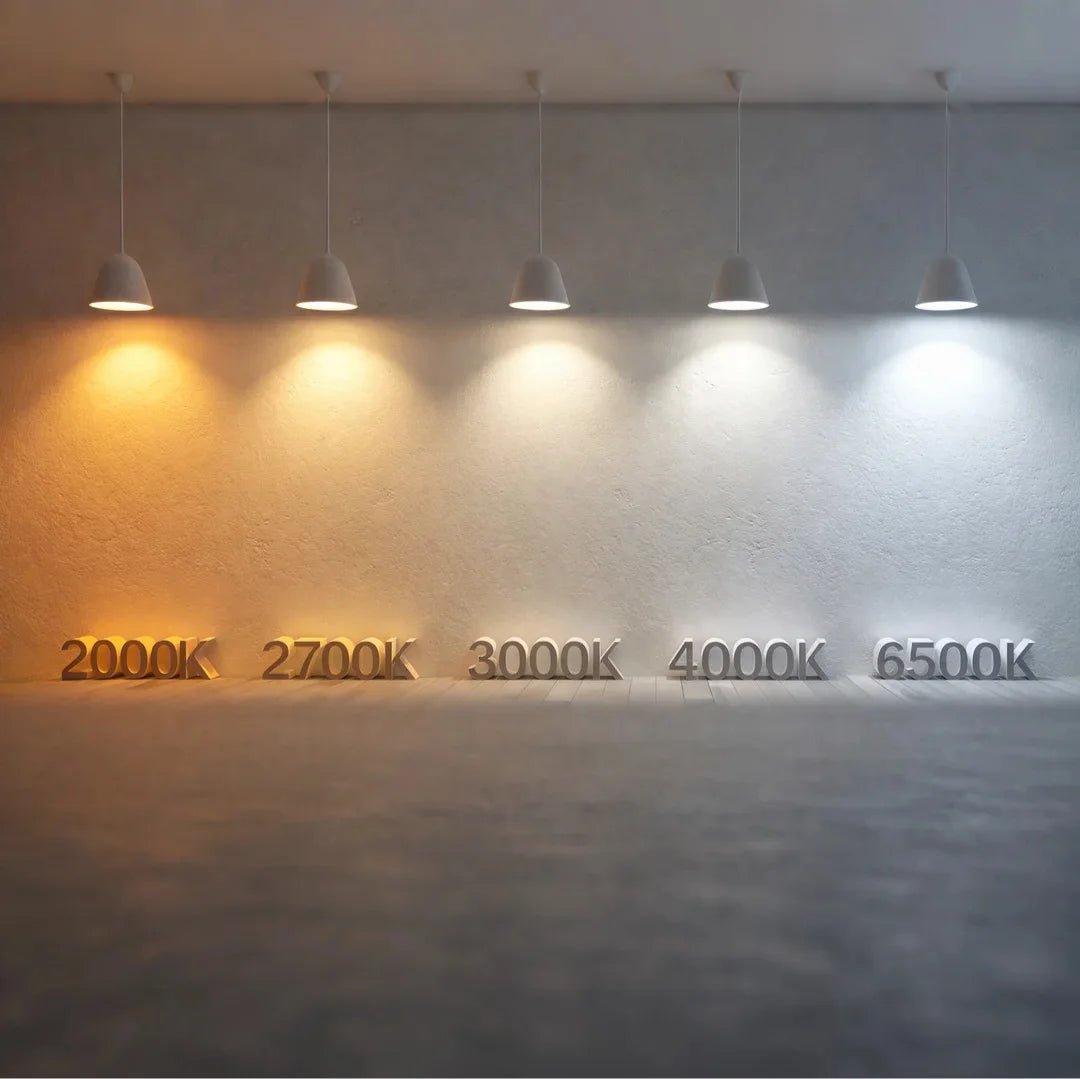 Five pendant lights casting different color temperatures on a wall.