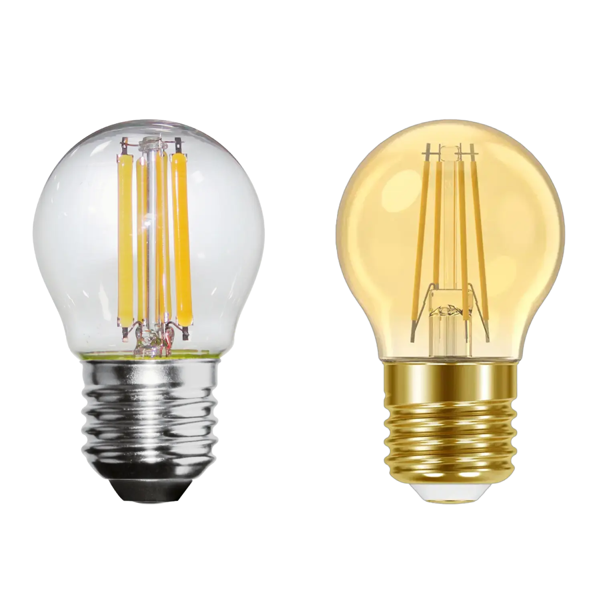 Two LED light bulbs, one clear and one gold, on a white background