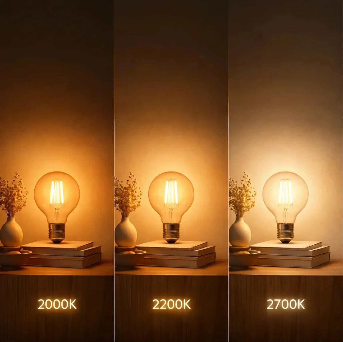 Three light bulbs emitting different color temperatures on a wooden surface with decorative elements.
