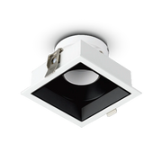 A white, square-shaped, anti-glare aluminum spotlight with a black lens, designed for interior lighting.