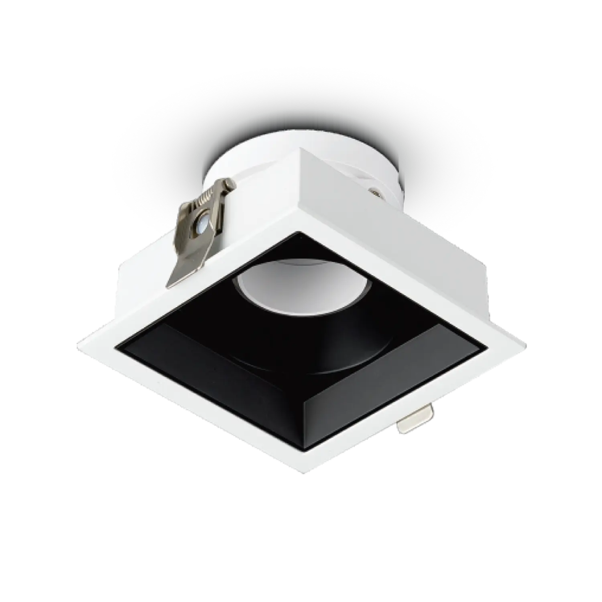 A white, square-shaped, anti-glare aluminum spotlight with a black lens, designed for interior lighting.