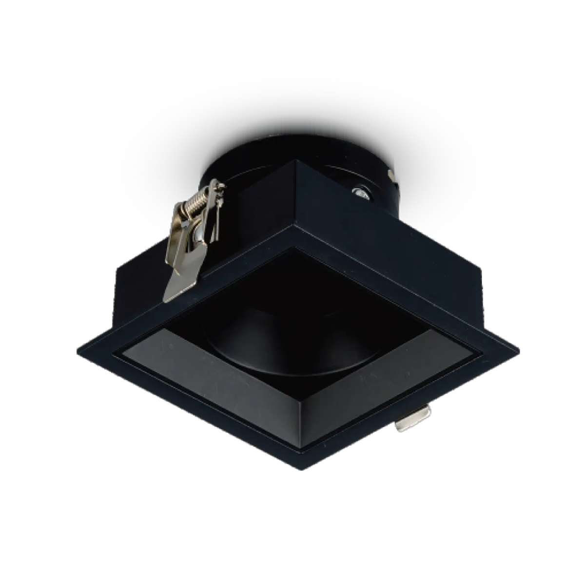 A white, square-shaped, anti-glare aluminum spotlight with a black lens, designed for interior lighting.