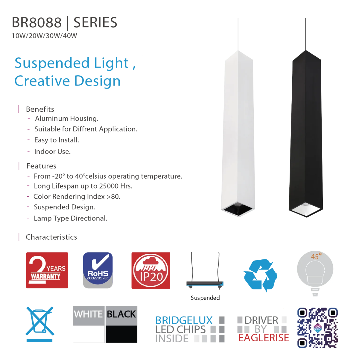 Ultralight Square Directional Pendant Light -20W Directional Fixture (BR8088-SQ)