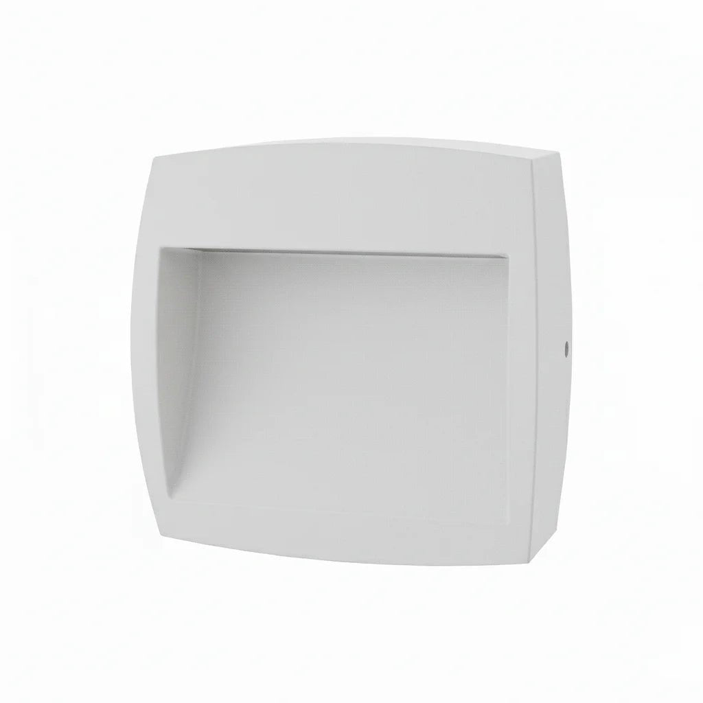 White wall-mounted outdoor light fixture on a white background