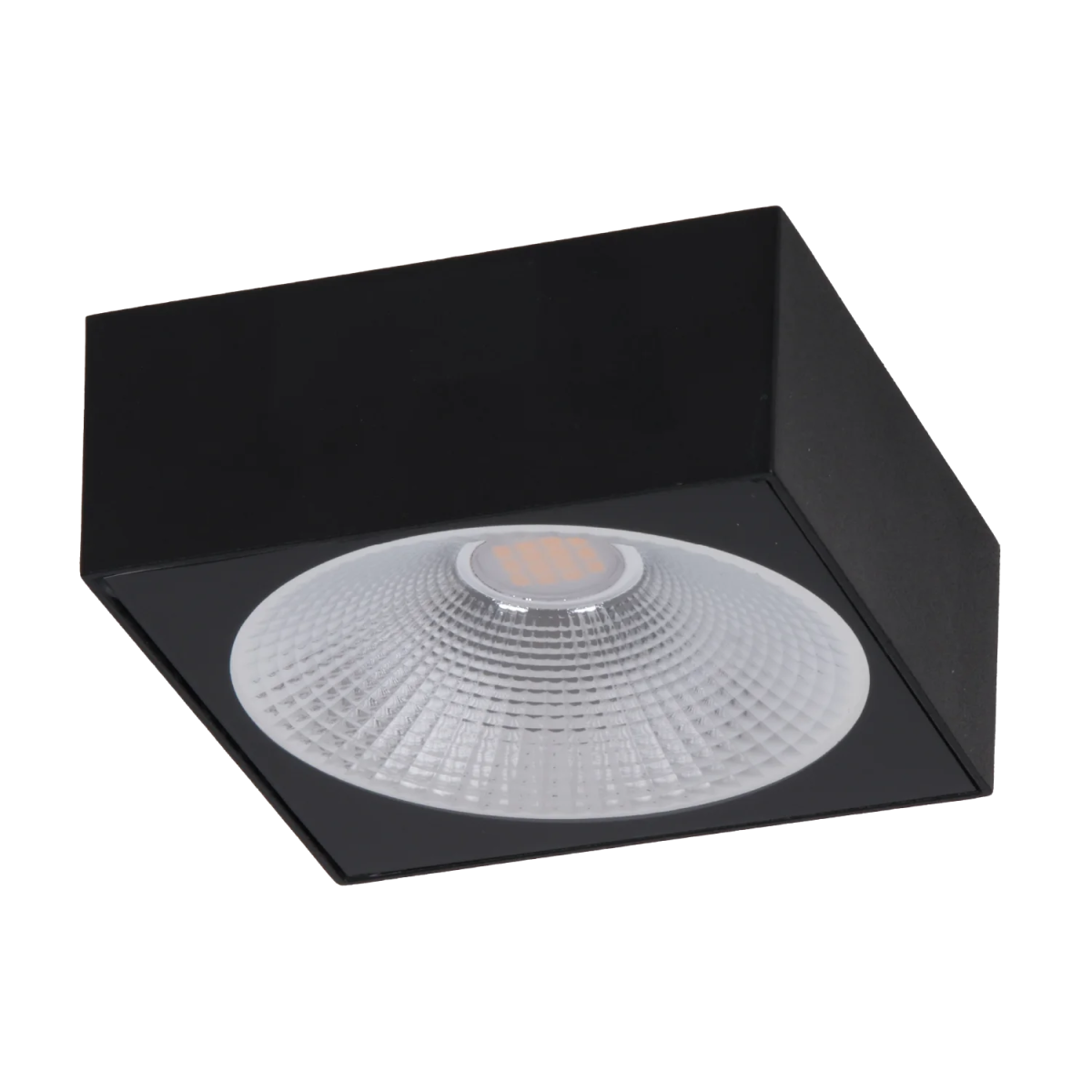 Black square recessed ceiling light with a white interior on a white background