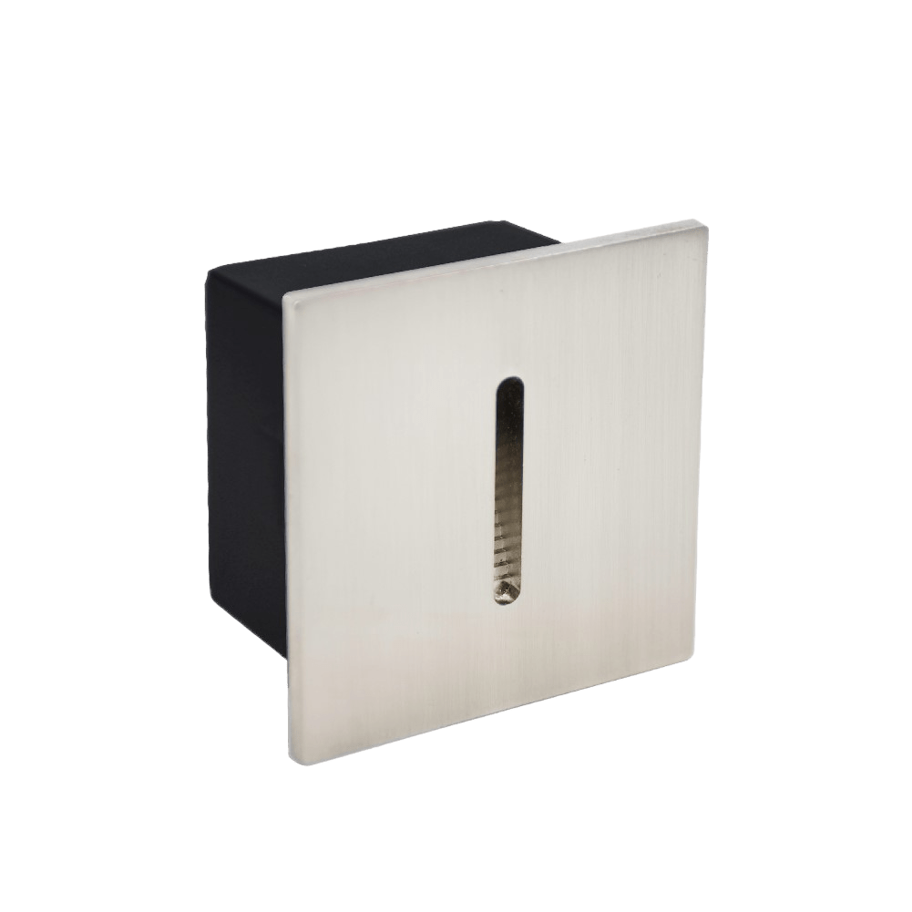 Square metal wall fixture with black and silver finish on a green background