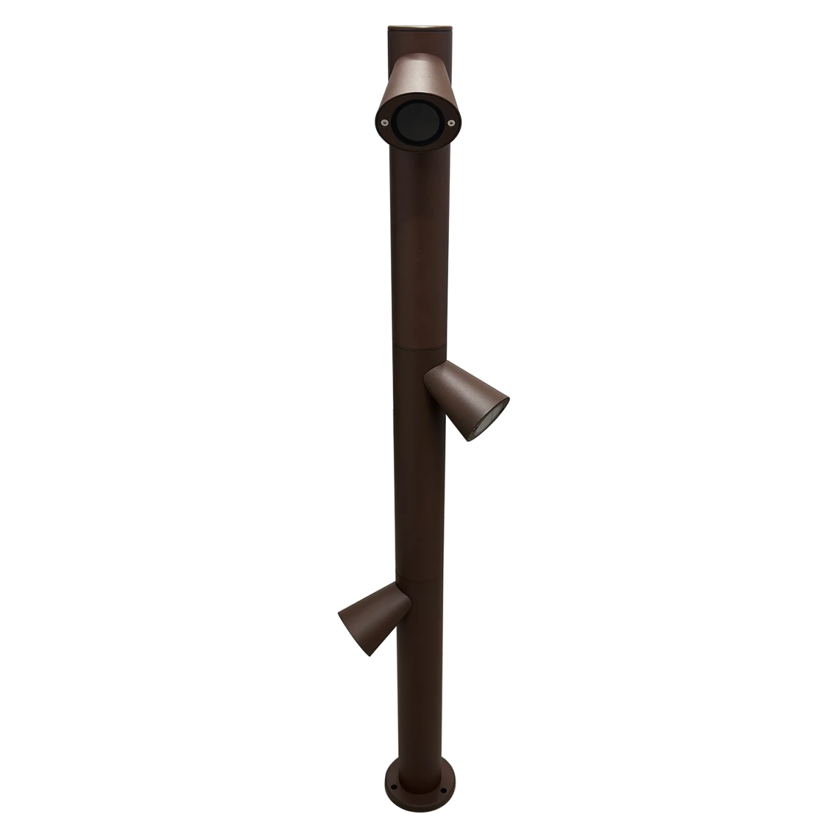 Brown metal post with three lights on a white background