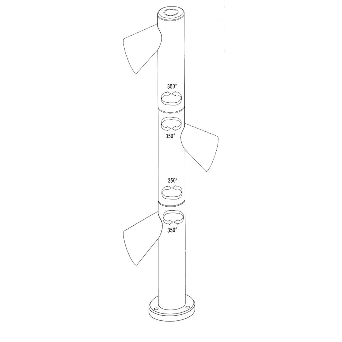 Technical drawing of a cylindrical object with cut-out sections labeled with angles on a white background.