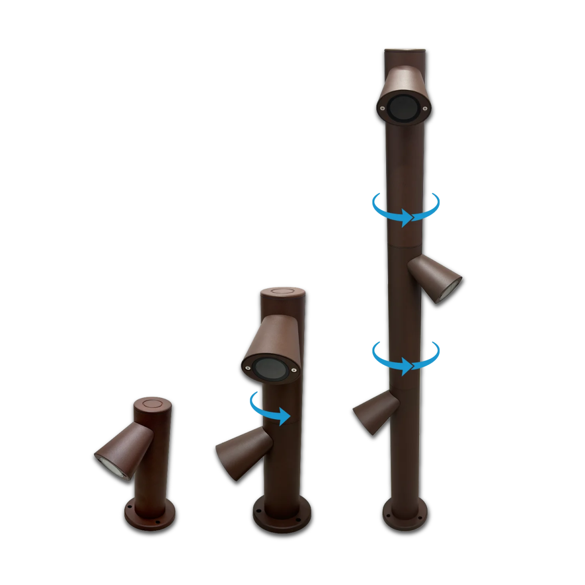 Brown outdoor light fixture with adjustable parts on a white background