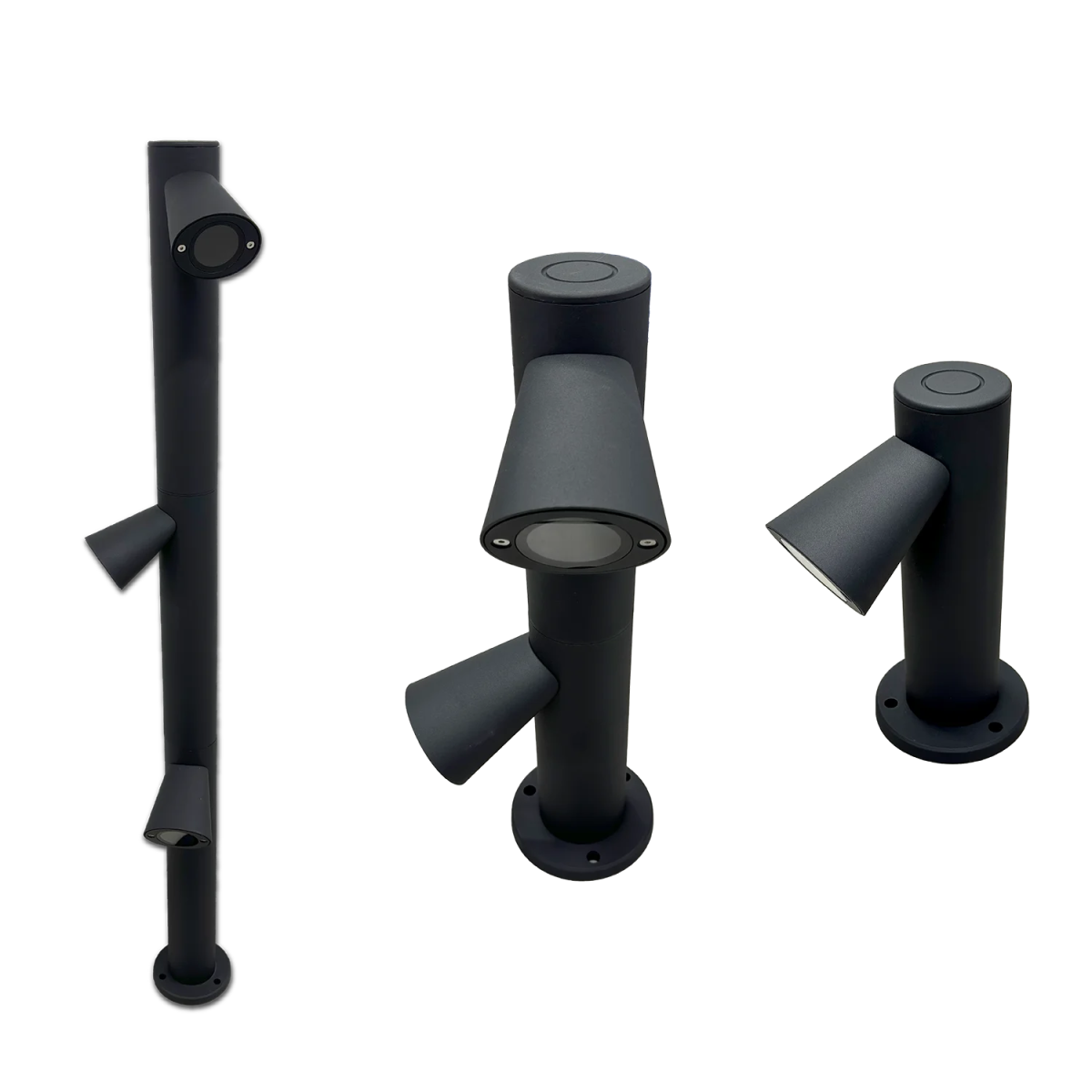 Set of black outdoor lights on a white background