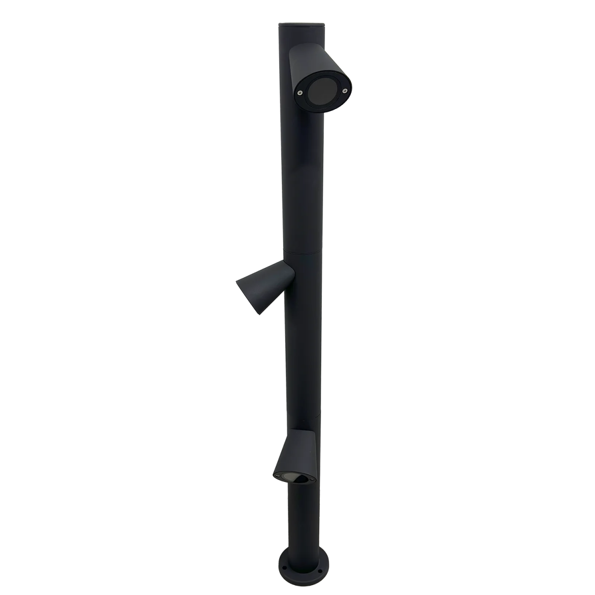 Black metal pole with multiple attachments on a white background