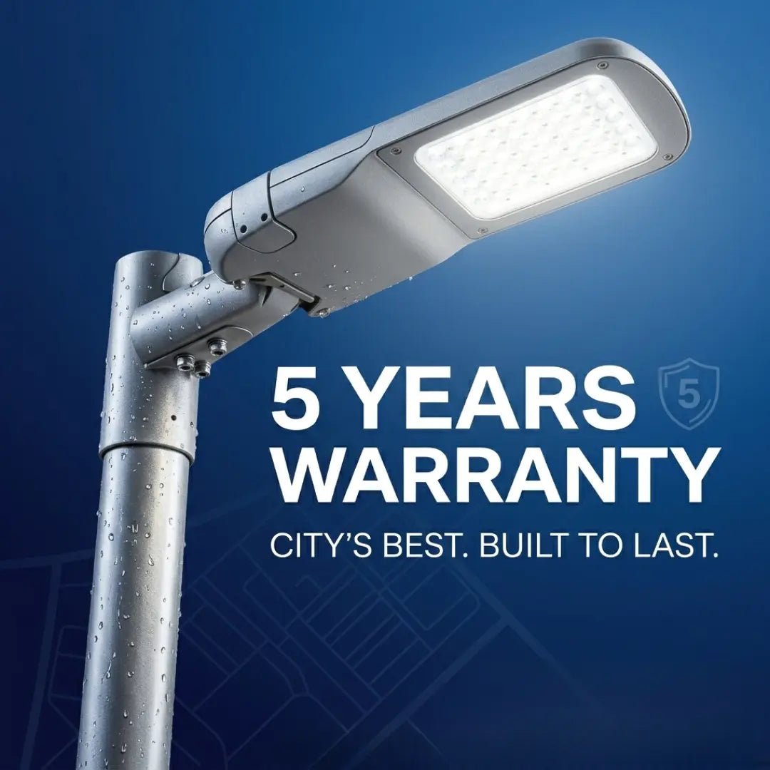 Street light with a 5-year warranty text on a blue background