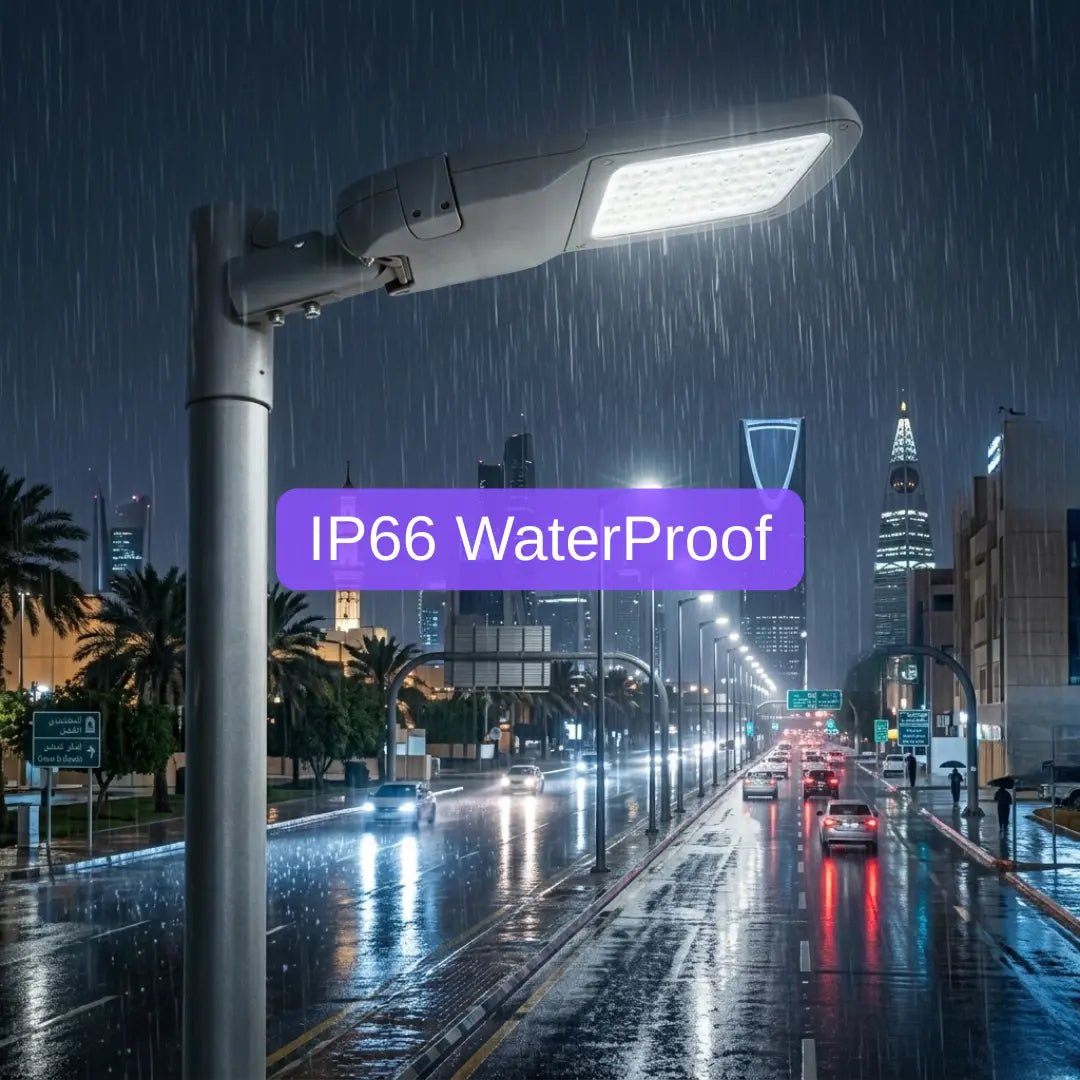 Street lamp on a rainy night with city skyline in the background, featuring 'IP66 Waterproof' text.