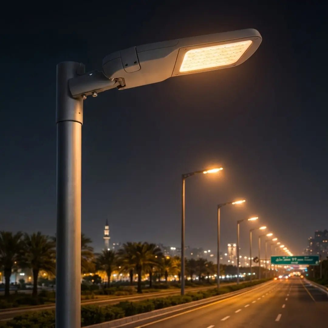 Street lamp illuminating a road at night with city skyline in the background