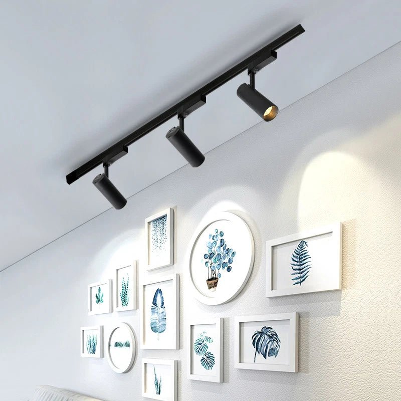 Ceiling track light fixture with framed artwork on a wall