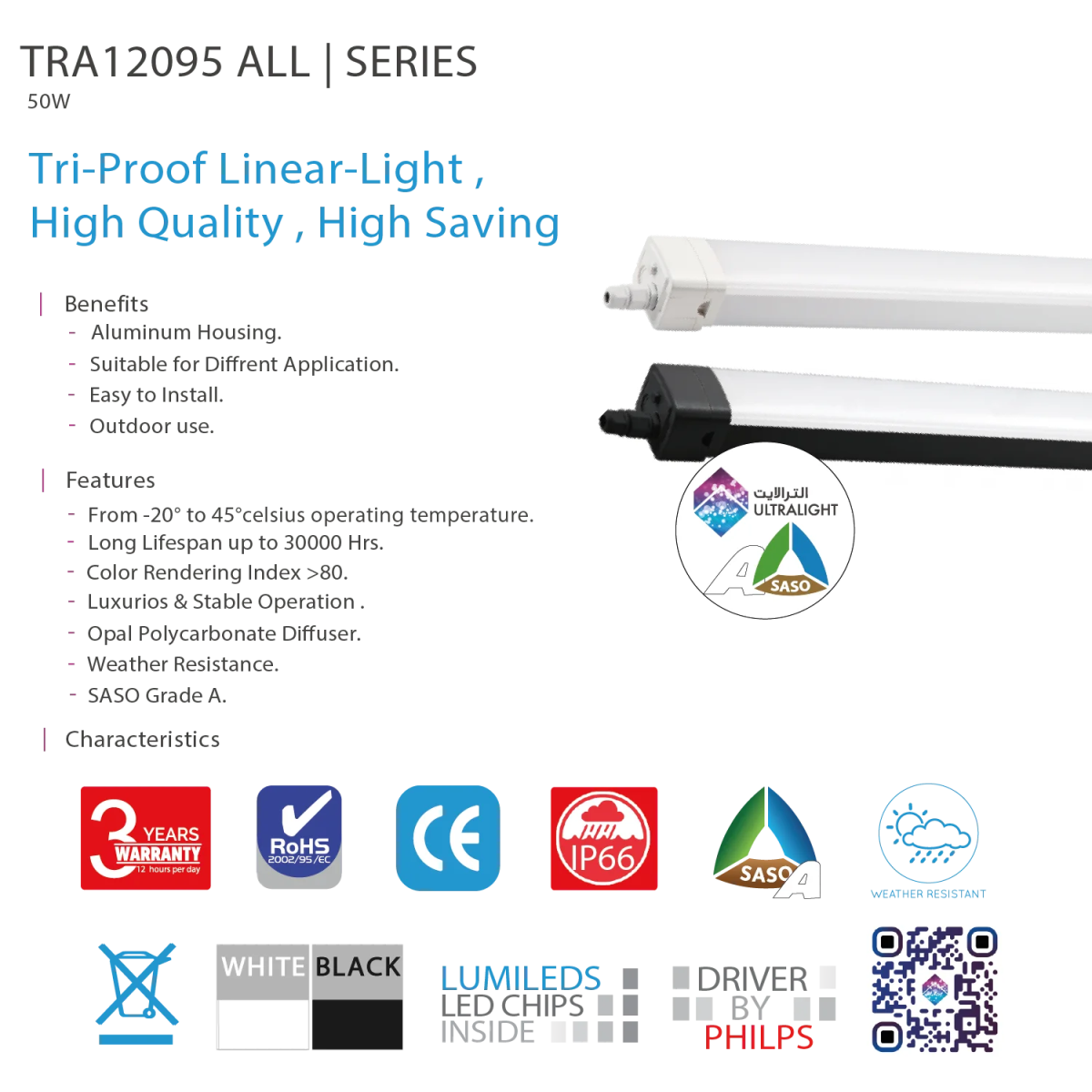 Ultralight Tri-Proof LED Linear Light 50W IP66 (TRA12095)