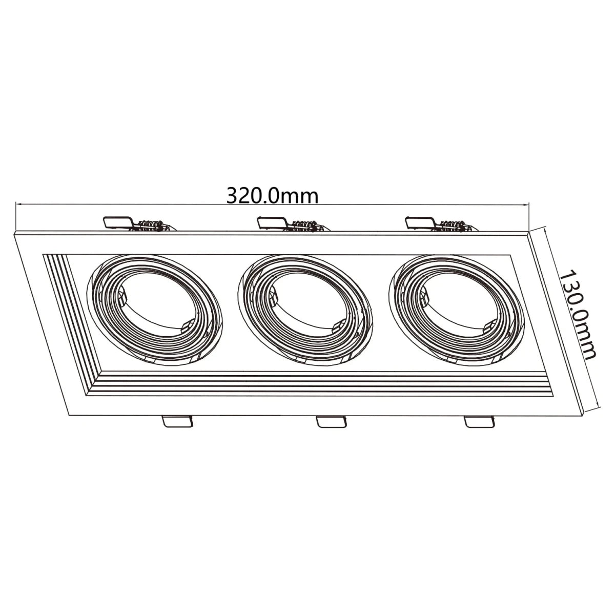 Technical drawing of a recessed ceiling light with dimensions labeled