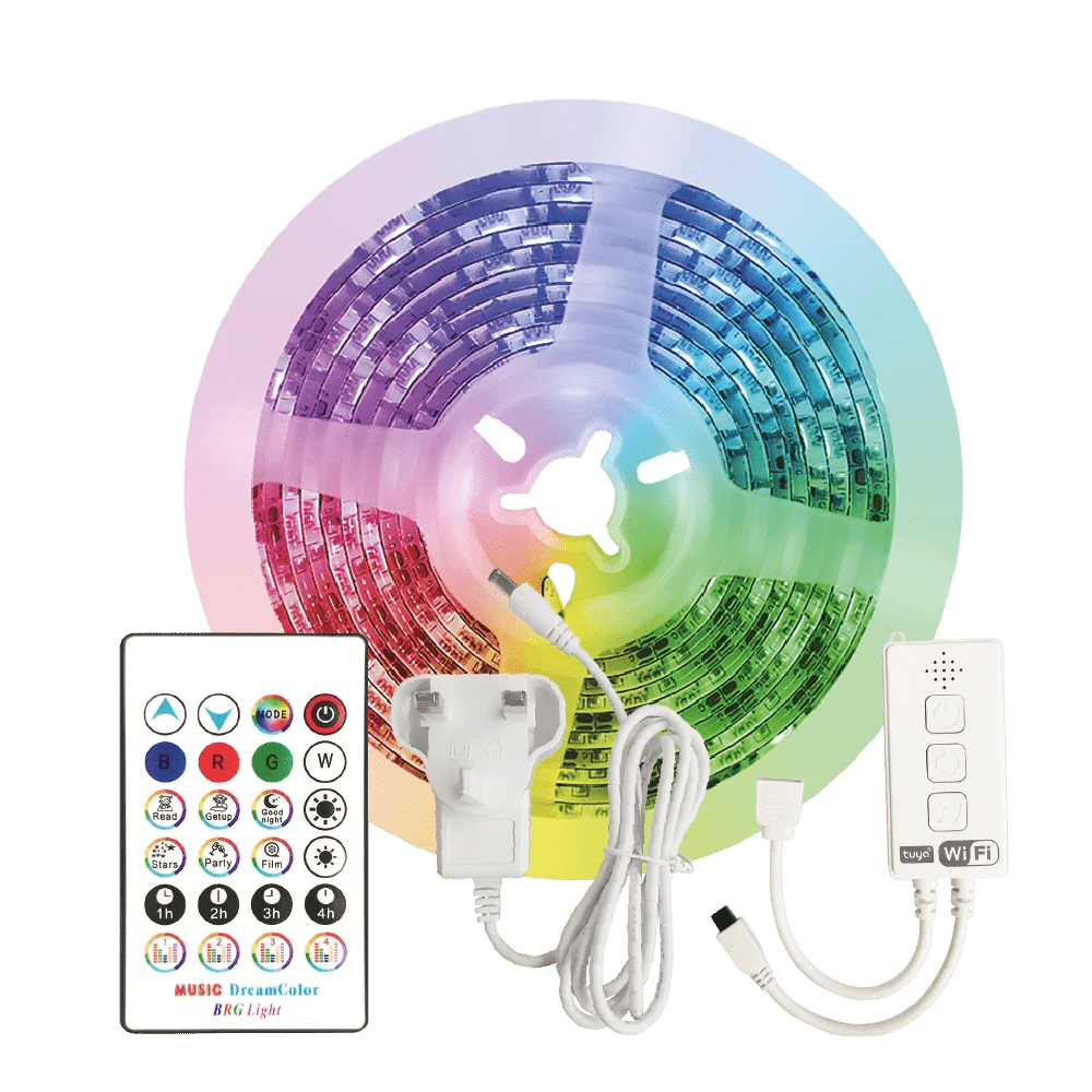 RGB LED strip light with remote control and power adapter on a white background