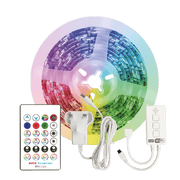 RGB LED strip light with remote control and power adapter on a white background