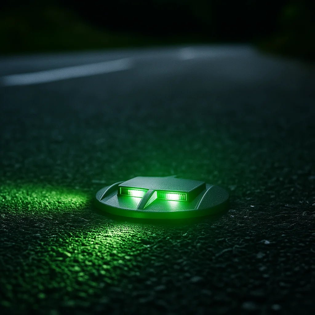 Green LED light on a dark surface