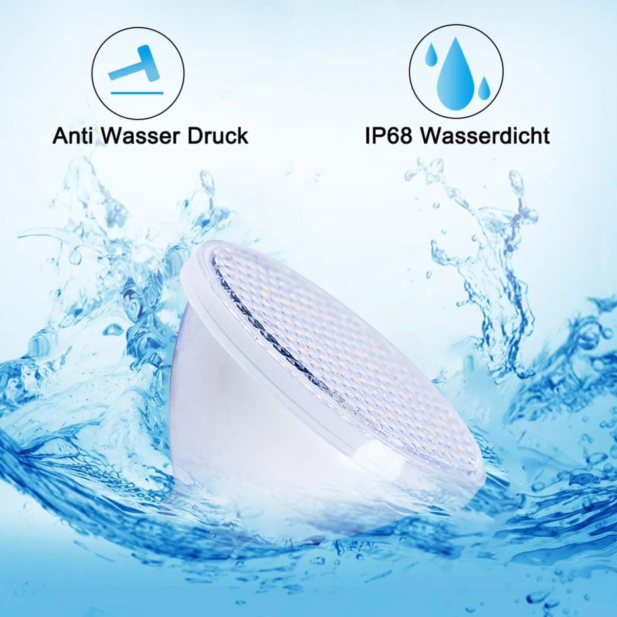 Waterproof LED light bulb with water droplets and splashes on a blue background