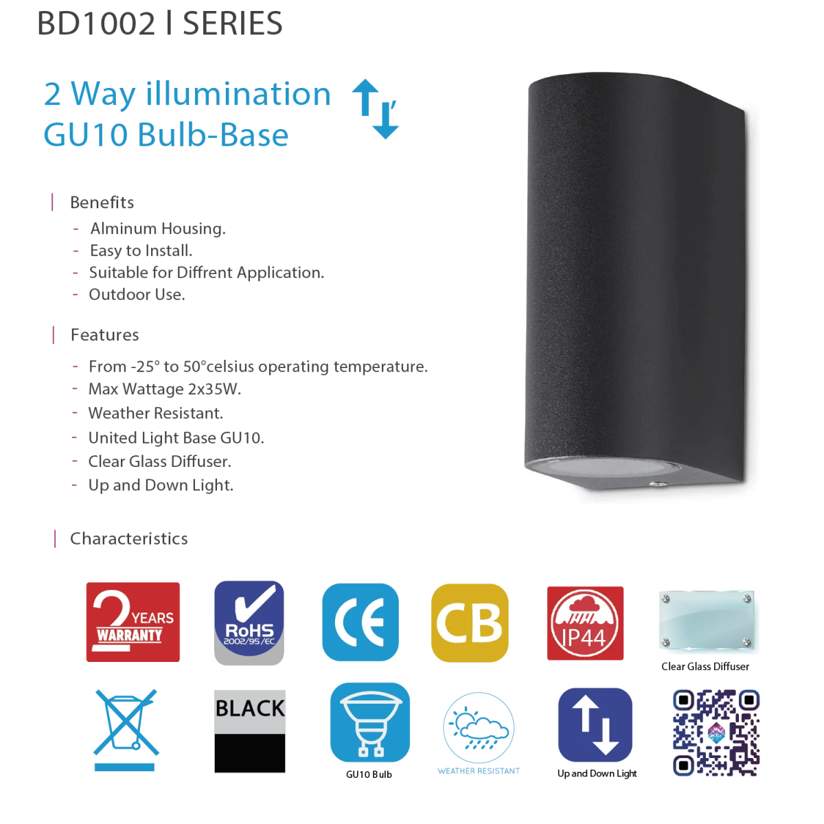 كشاف جداري عصري مع قاعدة GU10 - إضاءة جدارية خارجية مزدوجة لأعلى وأسفل (BD1002)