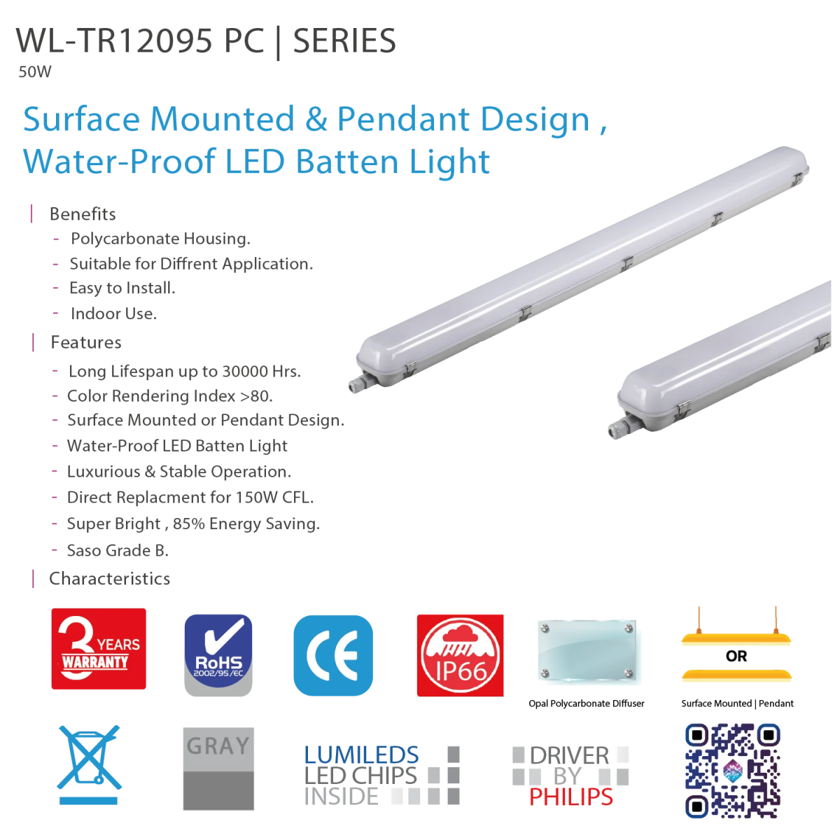 لمبة ليد نجف الترالايت مضاد للماء 50 واط IP66 (WL-TR12095 PC)