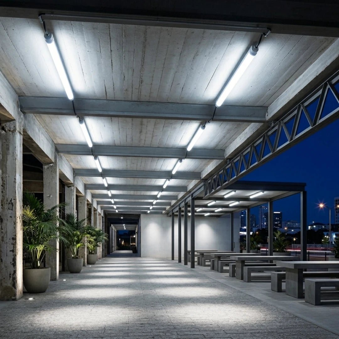 Modern outdoor covered area with concrete ceiling and potted plants at night.
