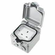 Metallic electrical socket cover with a white socket inside on a white background
