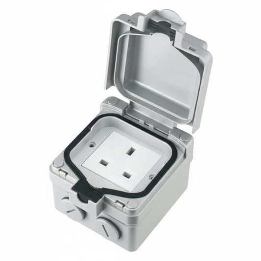Metallic electrical socket cover with a white socket inside on a white background