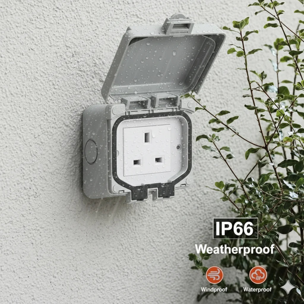 Weatherproof outdoor socket on a wall with 'IP66' rating and certification logos.