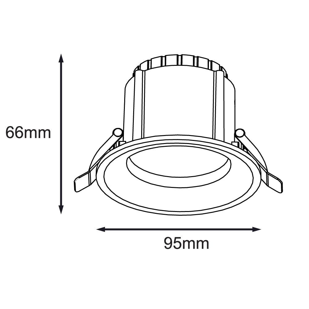 Black and white technical line drawing of a recessed light fixture showing dimensions: 66mm height and 95mm width.