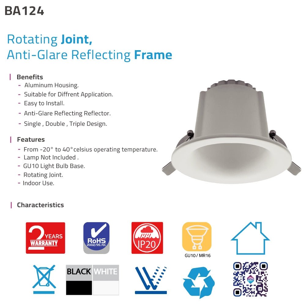A product information graphic for a BA124 GU10 LED light base with a rotating joint and anti-glare reflecting frame. The image features a photo of the gray and white light base on the right, accompanied by text detailing its benefits and features on the left, and various certification and feature icons along the bottom.