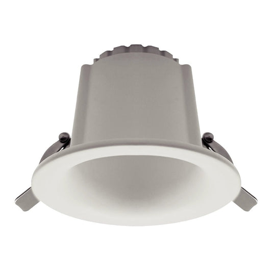 A recessed LED downlight fixture in a matte white finish, shown from a front-facing perspective against a solid white background.