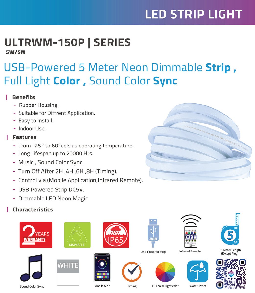 شريط إضاءة ليد مرن بتقنية USB وتزامن موسيقي - إضاءة ذكية 5 متر من الترالايت (RGB Flex Light)