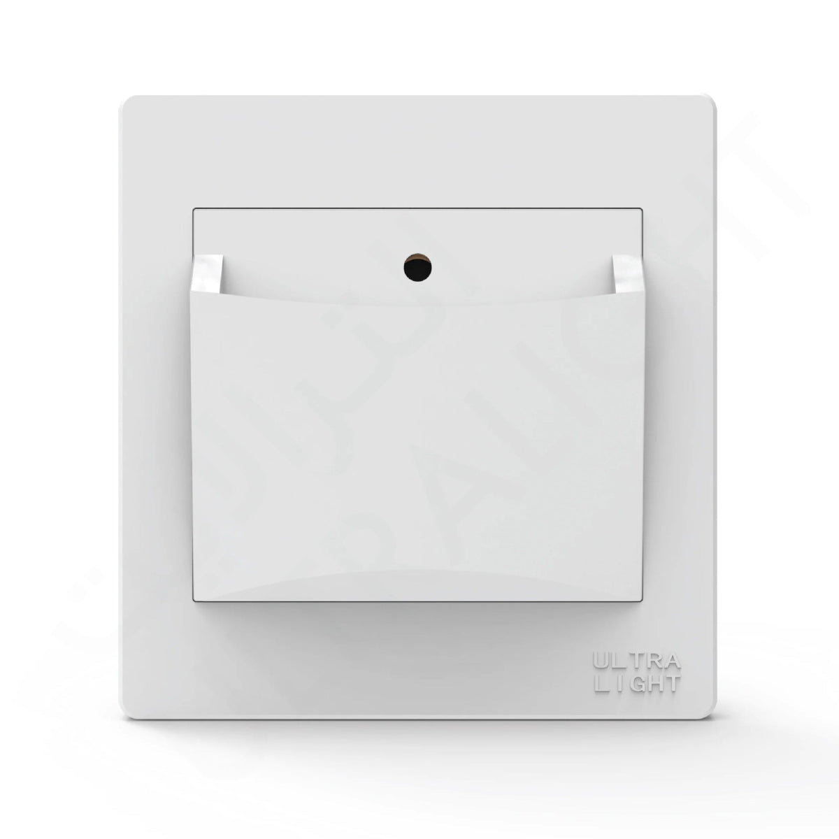 Light gray rectangular object with a small black circle and text on a white background