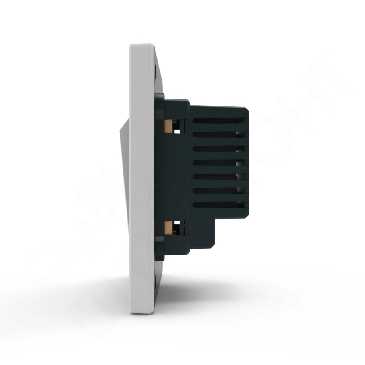 Electrical outlet with black and silver design on a white background