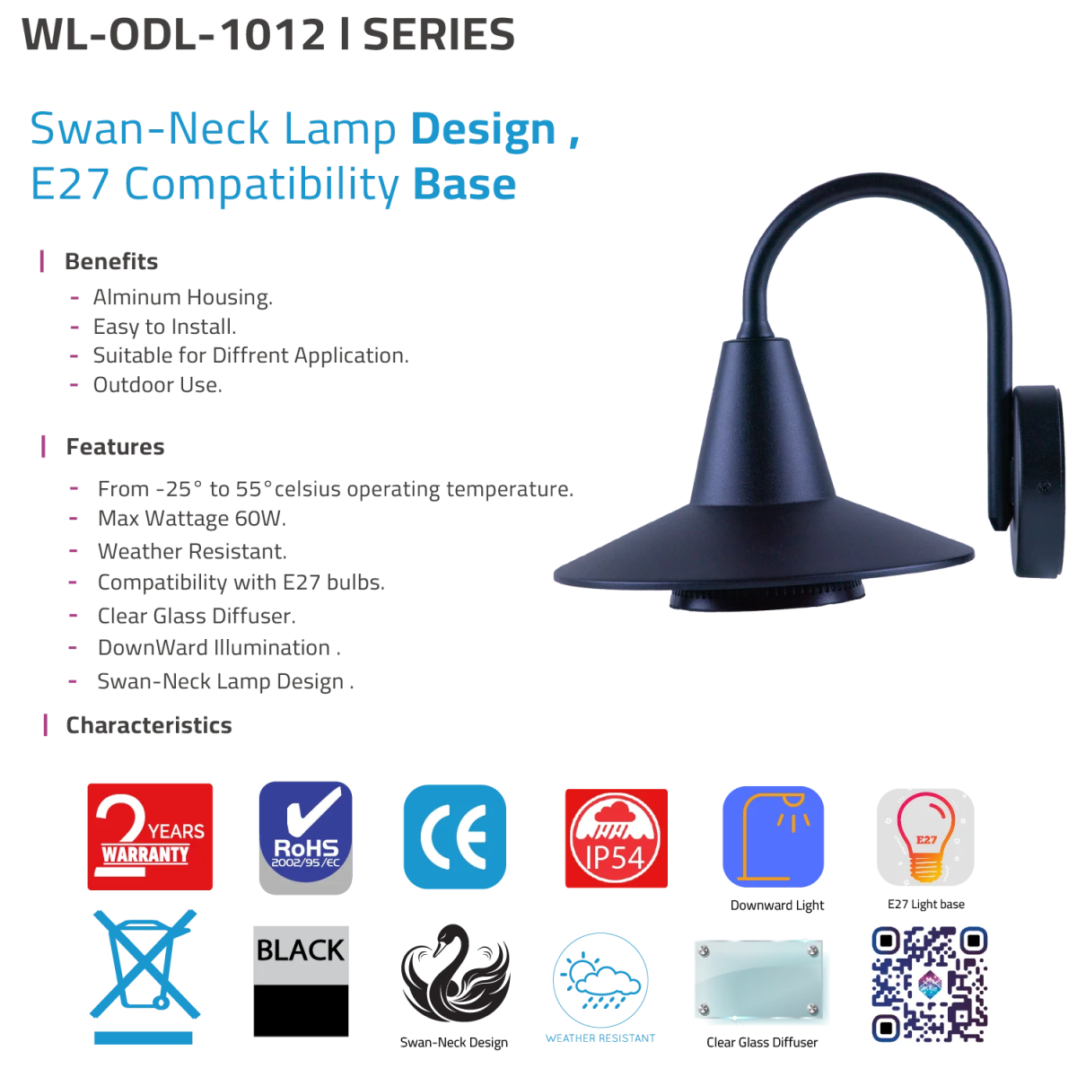 Wall-mounted lamp with swan-neck design and E27 compatibility base, featuring product details and certifications on a white background.