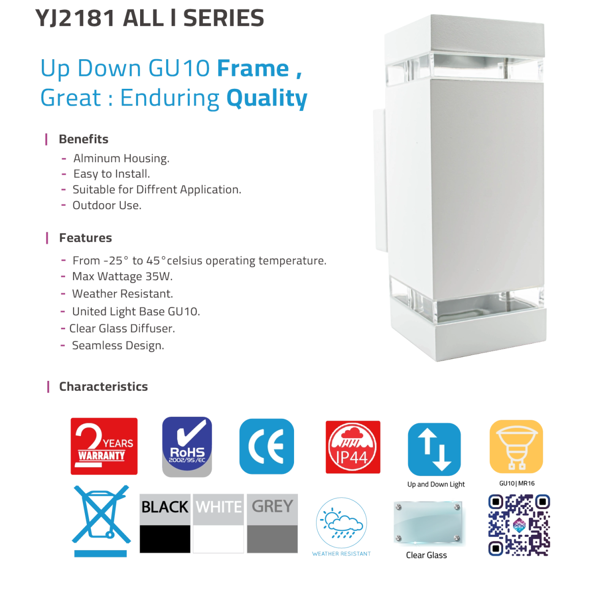 WALL LIGHT FRAME (YJ2181-2) - Modern Up & Down GU10 Outdoor Wall Light - Ultralight