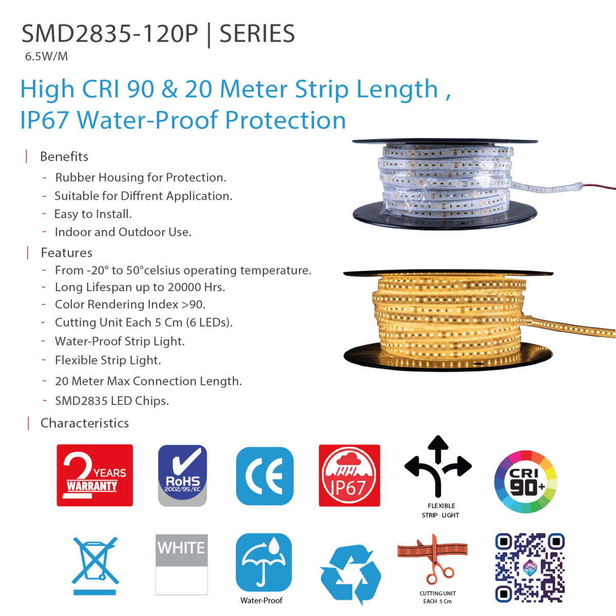 شريط إضاءة ليد مقاوم للماء – مرن وطويل للاستخدام الداخلي والخارجي (SMD2835-120P)