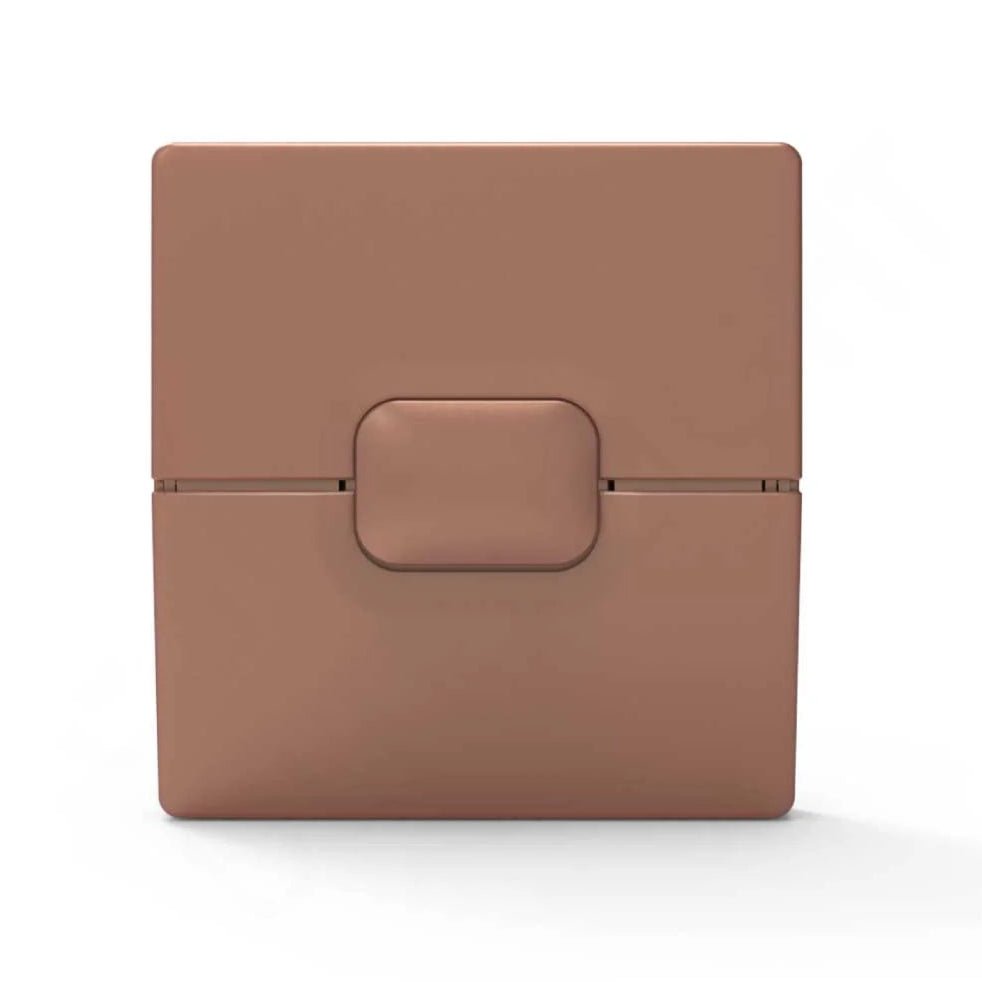 Brown leather case with a rectangular buckle on a white background