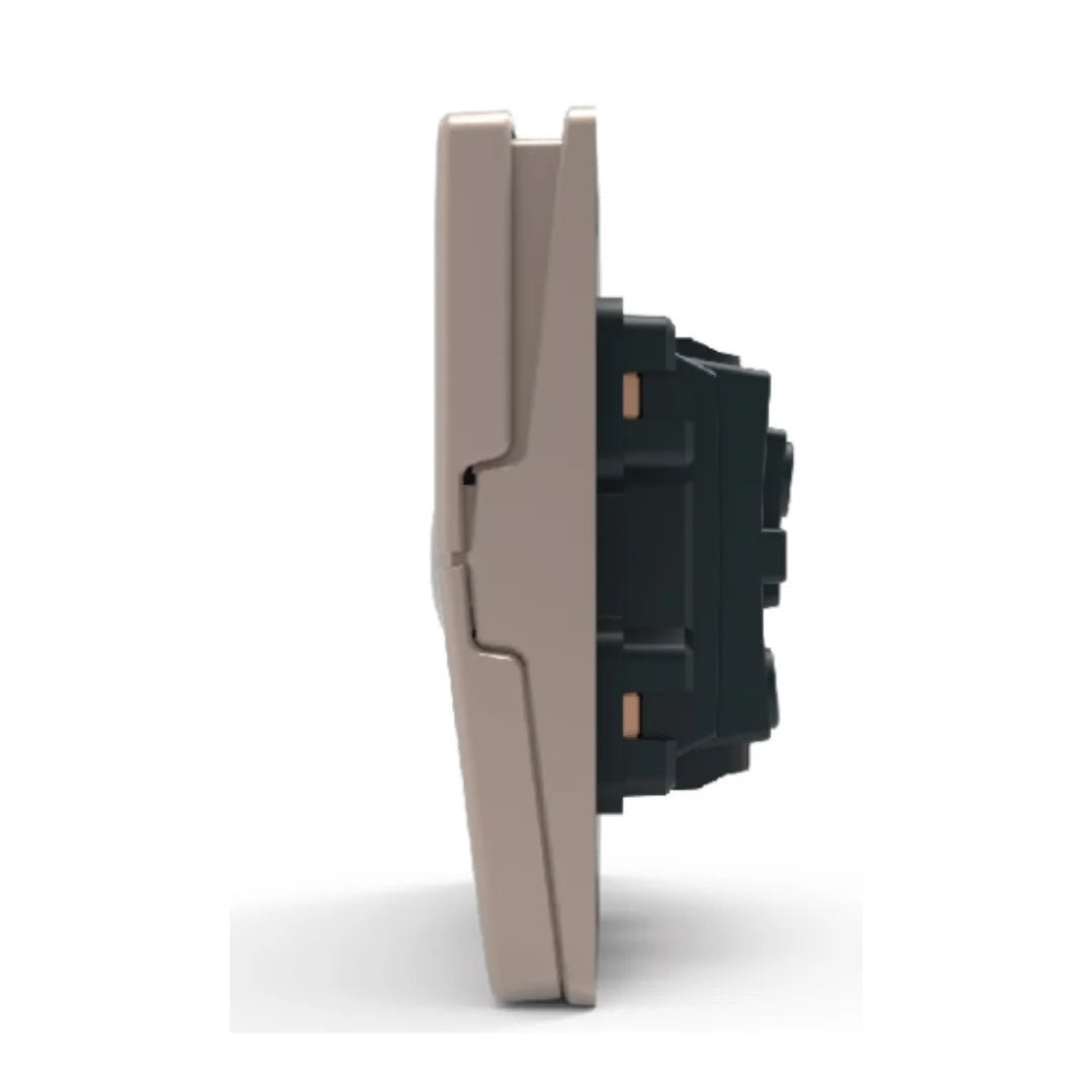 Side view of a wall switch with beige and black design on a white background